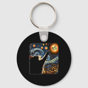 Halloween Starry Night Black Cat Comma La Kamala 2 Key Ring