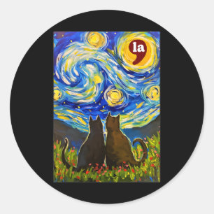 Halloween Starry Night Black Cat Comma La Kamala H Classic Round Sticker