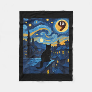 Halloween Starry Night Black Cat Comma La Kamala H Fleece Blanket