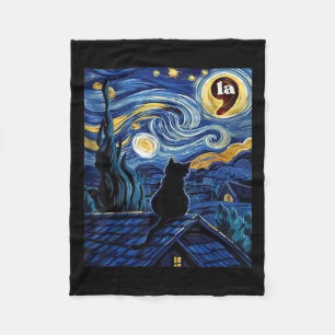 Halloween Starry Night Black Cat Comma La Kamala H Fleece Blanket