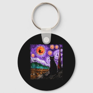 Halloween Starry Night Black Cat Kitten Spooky Key Ring