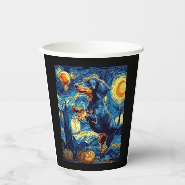 Halloween Starry Night Puppy Dachshund Paper Cups (Front)