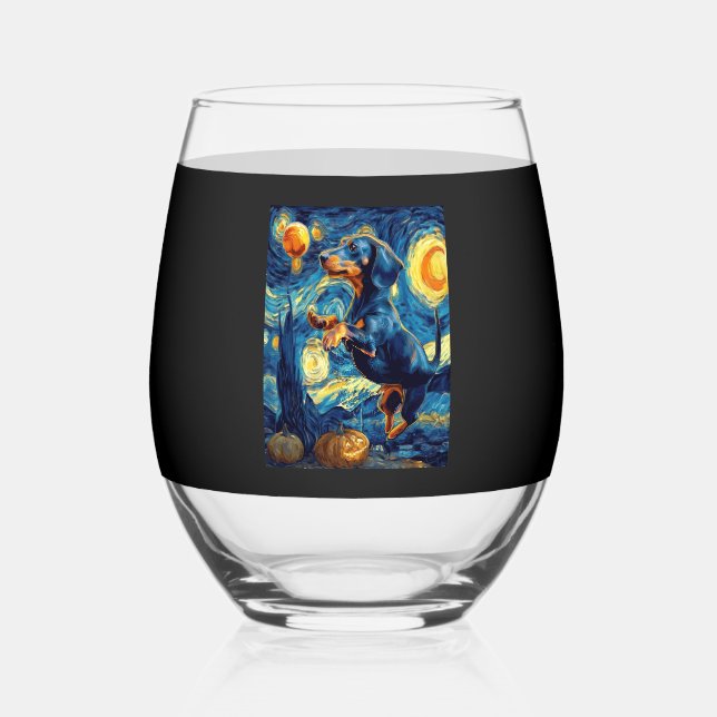 Halloween Starry Night Puppy Dachshund Stemless Wine Glass (Front)