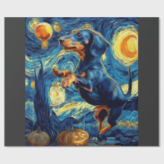 Halloween Starry Night Puppy Dachshund Wrapping Paper