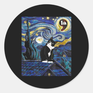 Halloween Starry Night Tuxedo Cat Comma La Kamala Classic Round Sticker