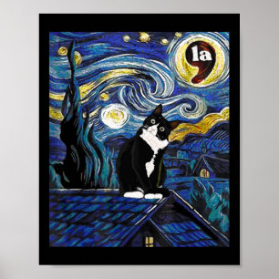 Halloween Starry Night Tuxedo Cat Comma La Kamala  Poster