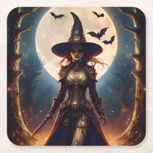 Halloween Steampunk Forest Witch Square Paper Coaster