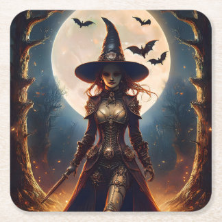 Halloween Steampunk Forest Witch Square Paper Coaster