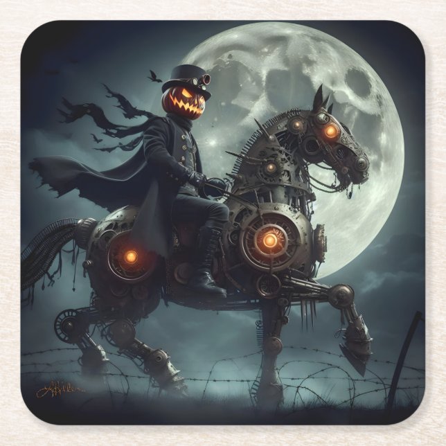 Halloween Steampunk Headless Horseman Square Paper Coaster (Front)