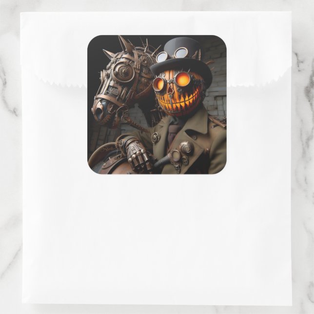 Halloween Steampunk Jack-O-Lantern Horseman Square Sticker (Bag)