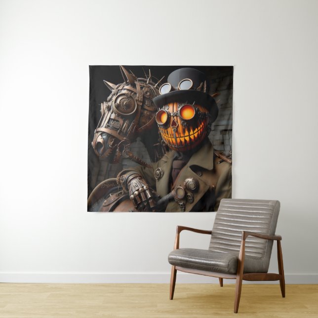 Halloween Steampunk Jack-O-Lantern Horseman Tapestry (In Situ)