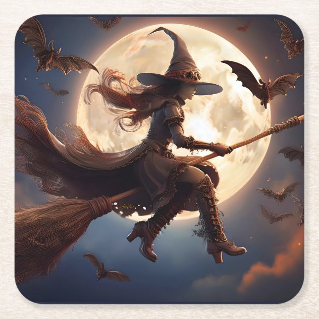 Halloween Steampunk Witch Moonlight Flight Square Paper Coaster (Front)