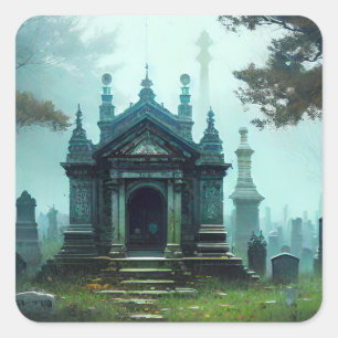 Halloween Sticker Graveyard Mausoleum Cemetary