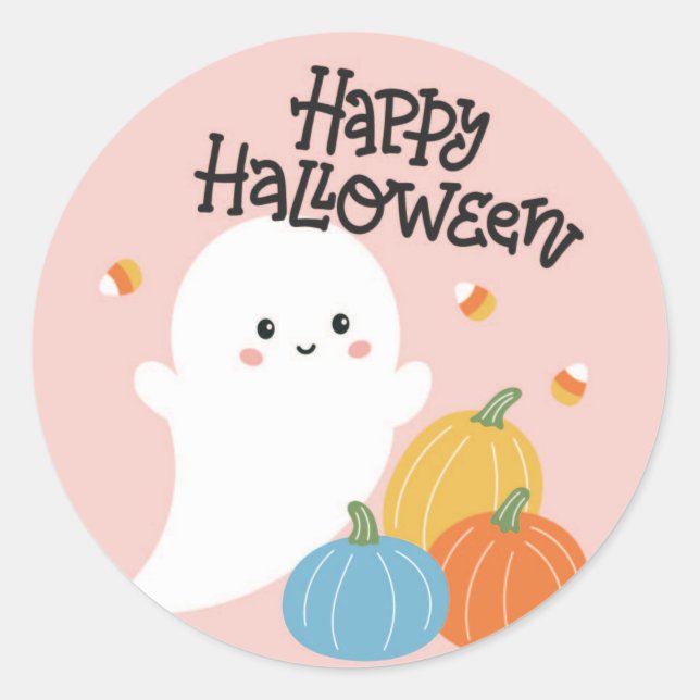 Halloween Sticker with Pink Ghost and Candy (Front)