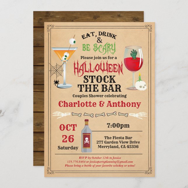 Halloween stock the bar couples shower rustic invitation (Front/Back)