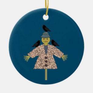 Halloween Straw Scarecrow and Ravens Custom Ceramic Ornament