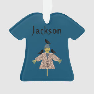 Halloween Straw Scarecrow and Ravens Custom Name Ornament