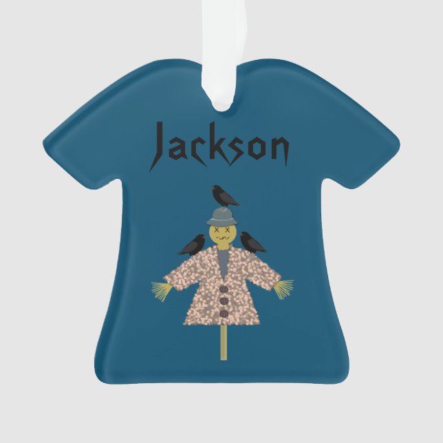 Halloween Straw Scarecrow and Ravens Custom Name Ornament (Front)