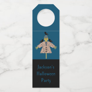 Halloween Straw Scarecrow and Ravens Custom Party Bottle Tag