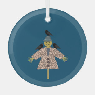 Halloween Straw Scarecrow and Ravens Glass Tree Decoration