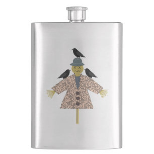 Halloween Straw Scarecrow and Ravens Hip Flask