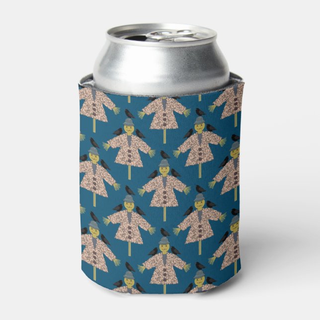 Halloween Straw Scarecrow and Ravens Patterned Can Cooler (Can Front)