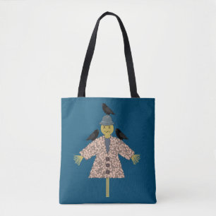 Halloween Straw Scarecrow and Ravens Patterned Tote Bag