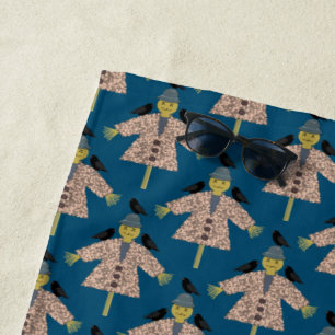 Halloween Straw Scarecrow and Ravens Pattterned Beach Towel