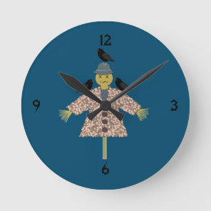 Halloween Straw Scarecrow and Ravens Round Clock