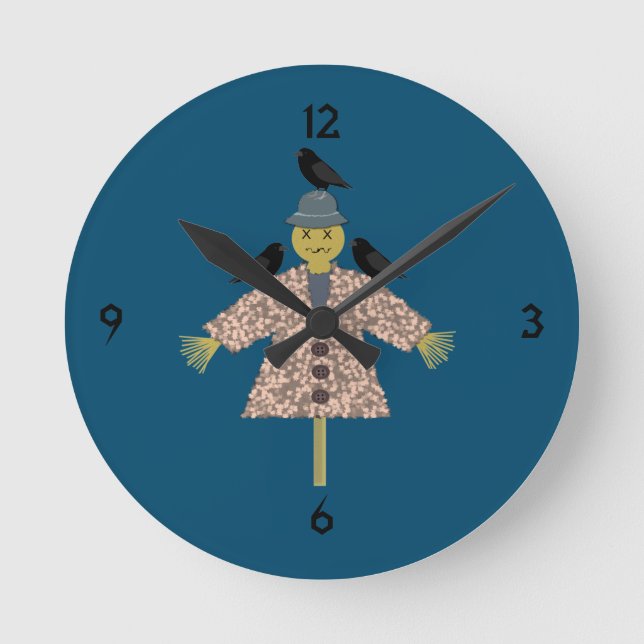 Halloween Straw Scarecrow and Ravens Round Clock (Front)