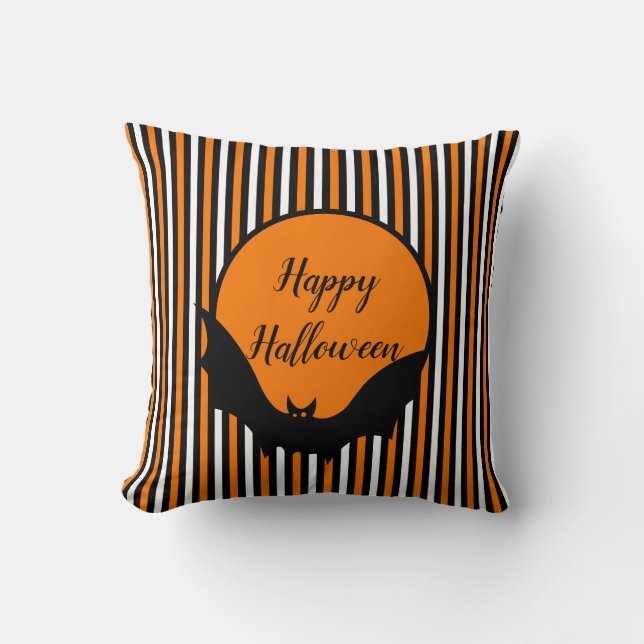 Halloween Stripes and Bat Throw Pillow (Front)