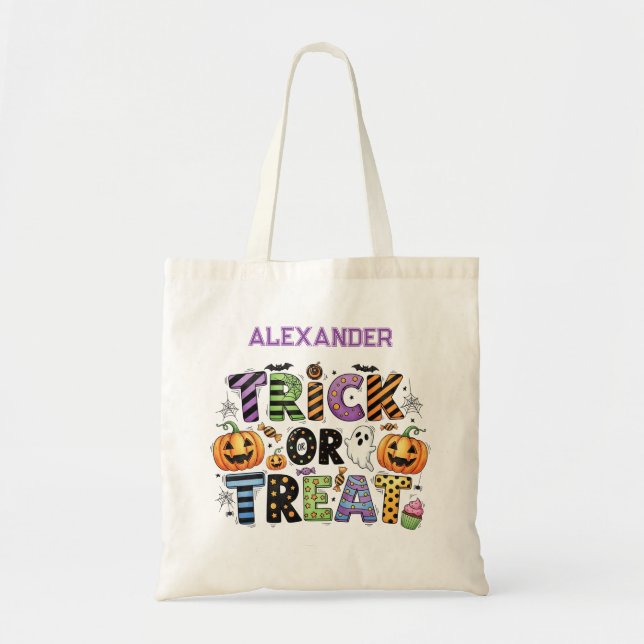 Halloween Stripes and Polka Dots Trick or Treat Tote Bag (Front)