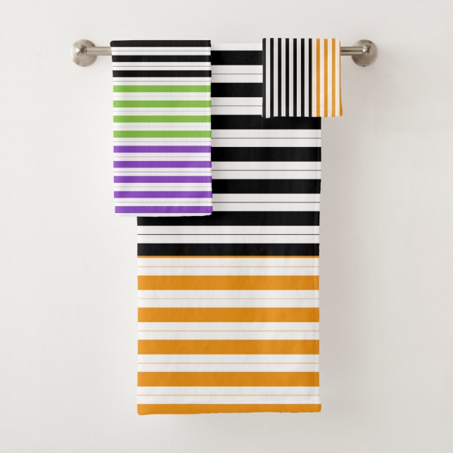 Halloween Stripes Purple Green Black Orange Bath Towel Set (Insitu)