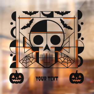 Halloween-style skull, bats, spider webs