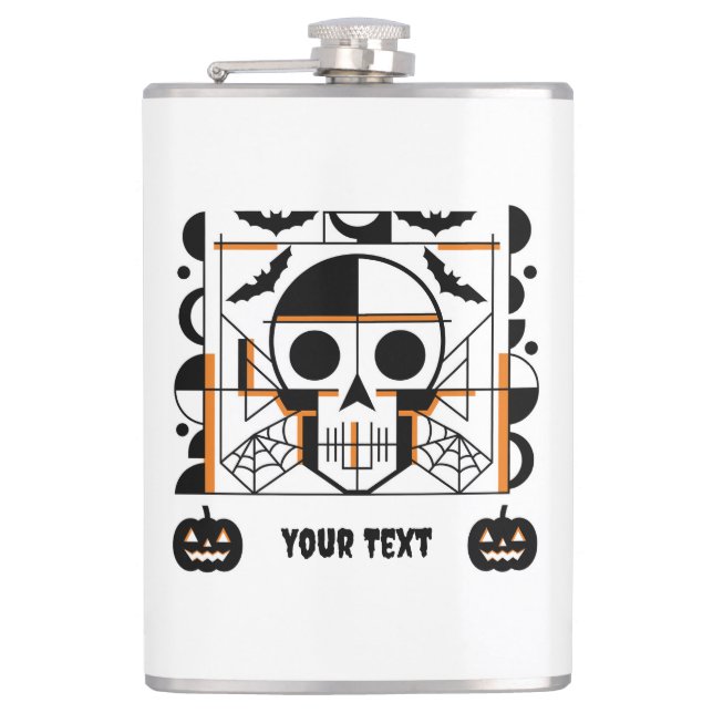 Halloween-style skull, bats, spider webs hip flask (Front)