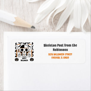 Halloween-style skull, bats, spider webs return address label