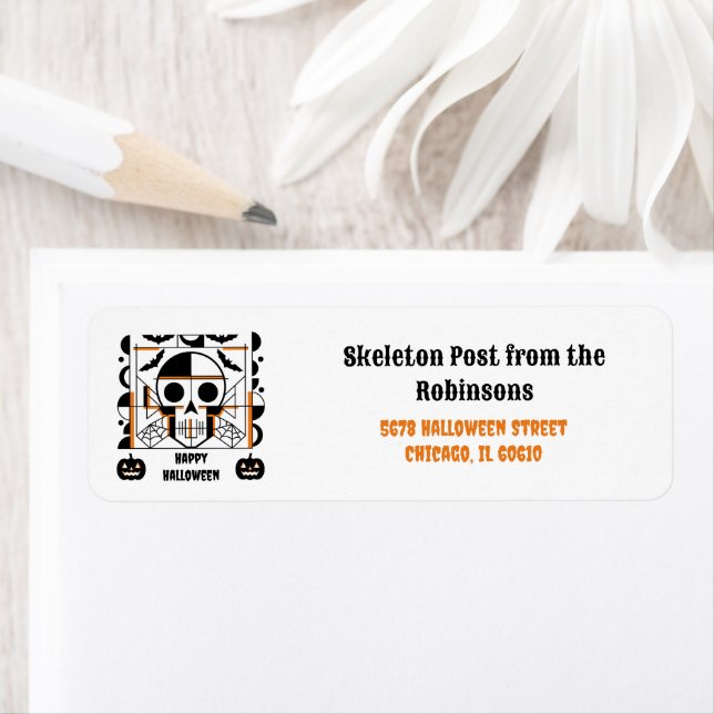 Halloween-style skull, bats, spider webs return address label (Insitu)