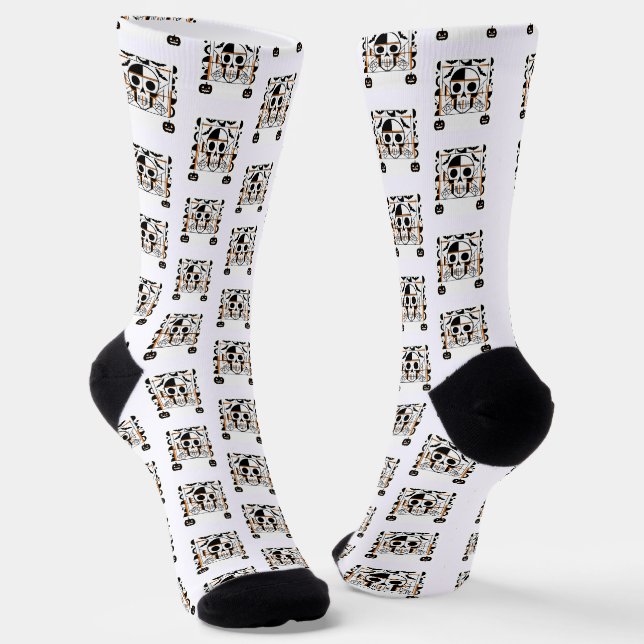 Halloween-style skull, bats, spider webs socks (Angled)