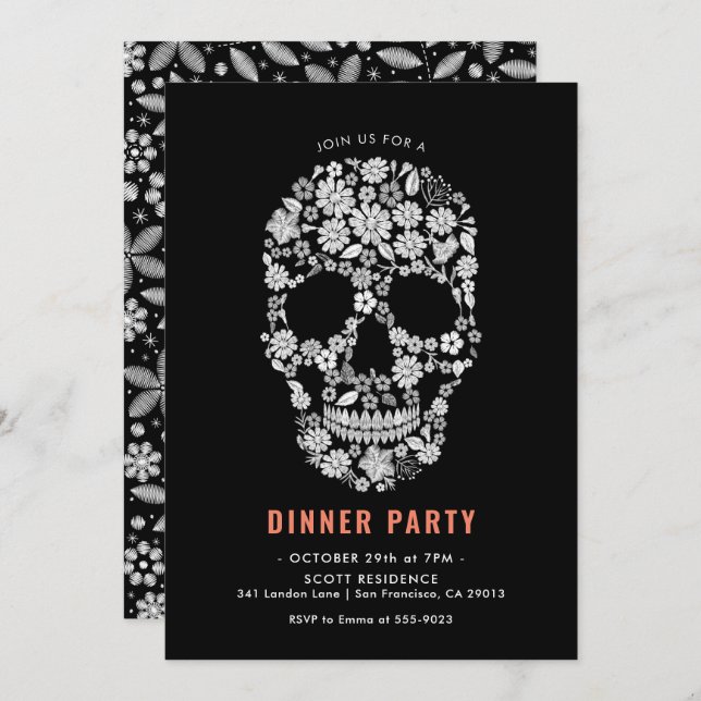 Halloween Sugar Skull Black Floral Dinner Party Invitation (Front/Back)