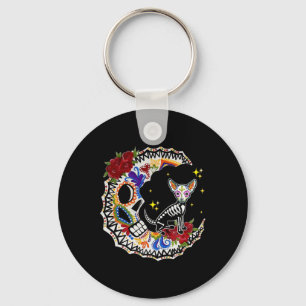 Halloween Sugar Skull Chihuahua and Moon Lover Key Ring