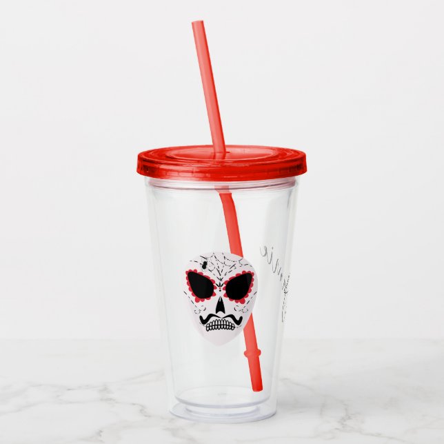 Halloween Sugar Skull Face Script Monogrammed Acrylic Tumbler (Left)