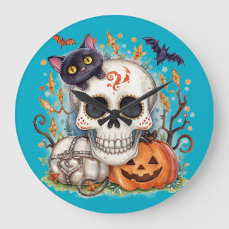 Halloween,Sugar Skull Kitty ,Cute,Jack O Lantern  Large Clock