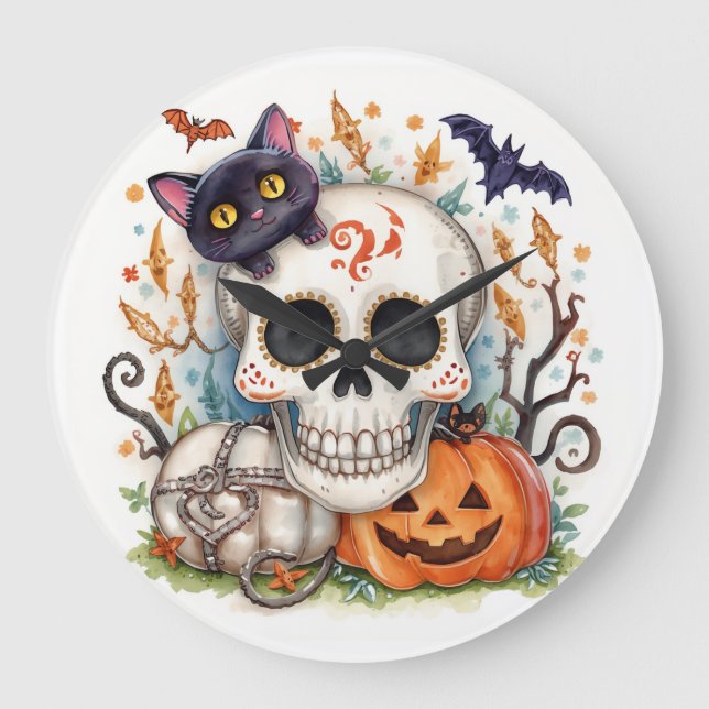 Halloween,Sugar Skull Kitty ,Cute,Jack O Lantern  Large Clock (Front)