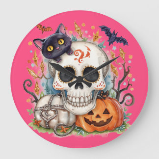 Halloween,Sugar Skull Kitty ,Cute,Jack O Lantern  Large Clock
