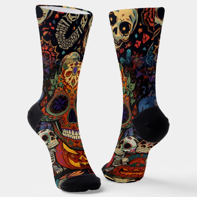 Halloween,Sugar Skull Pumpkins Fiesta, Calavera  Socks (Angled)