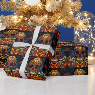 Halloween, Sugar Skull Pumpkins Fiesta, Calavera  Wrapping Paper