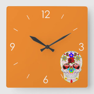 Halloween Sugar Skull - Tattoo Art Square Wall Clock