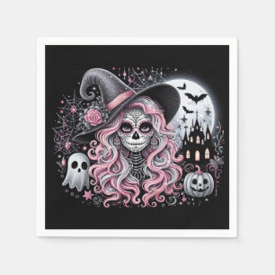 Halloween Sugar Skull Witch Haunted Scene Napkin