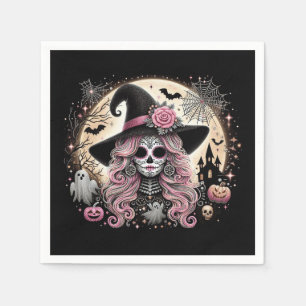 Halloween Sugar Skull Witch Haunted Scene Napkin