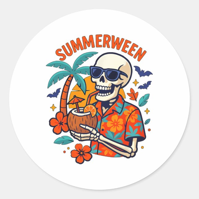 Halloween Summer Ween Skeleton Spooky Vacation Flo Classic Round Sticker (Front)